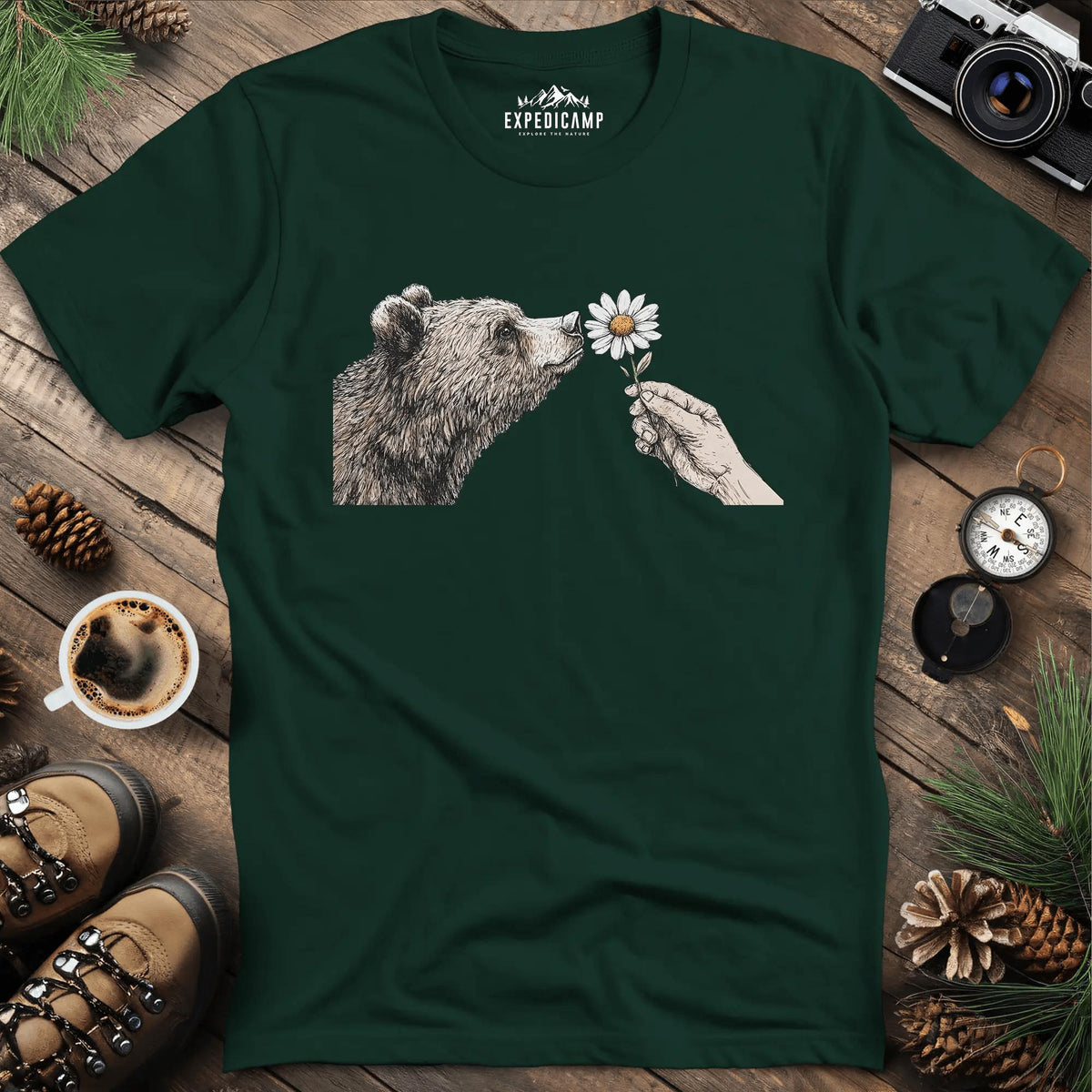 Bear and Daisy T-Shirt – Forest Green – Outdoor apparel for travel, hiking, camping, and nature lovers – ExpediCamp