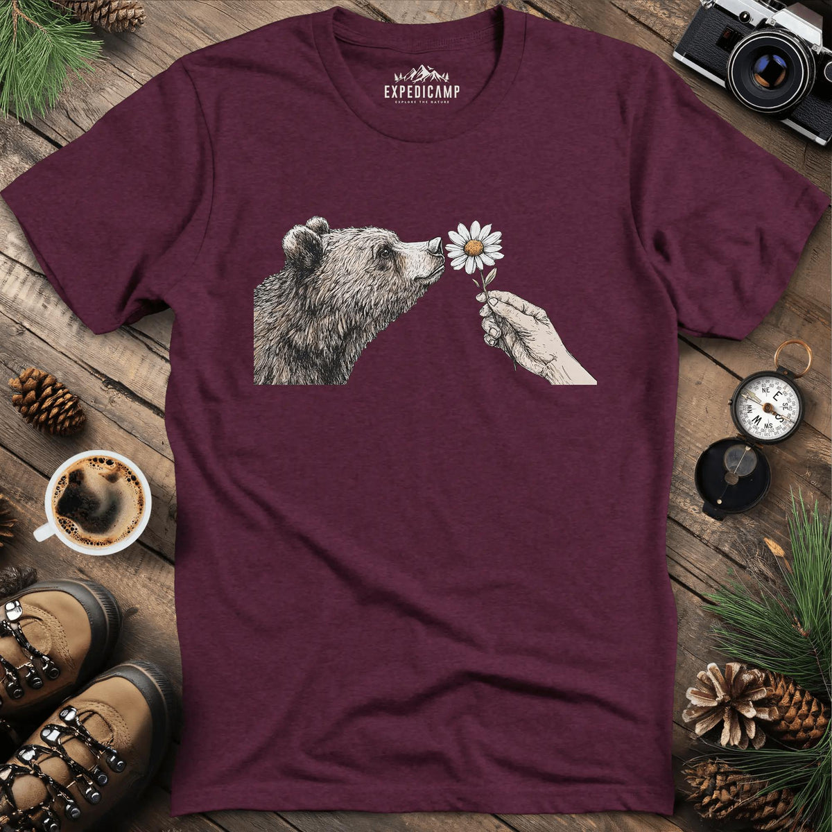 Bear and Daisy T-Shirt – Heather Maroon – Outdoor apparel for travel, hiking, camping, and nature lovers – ExpediCamp