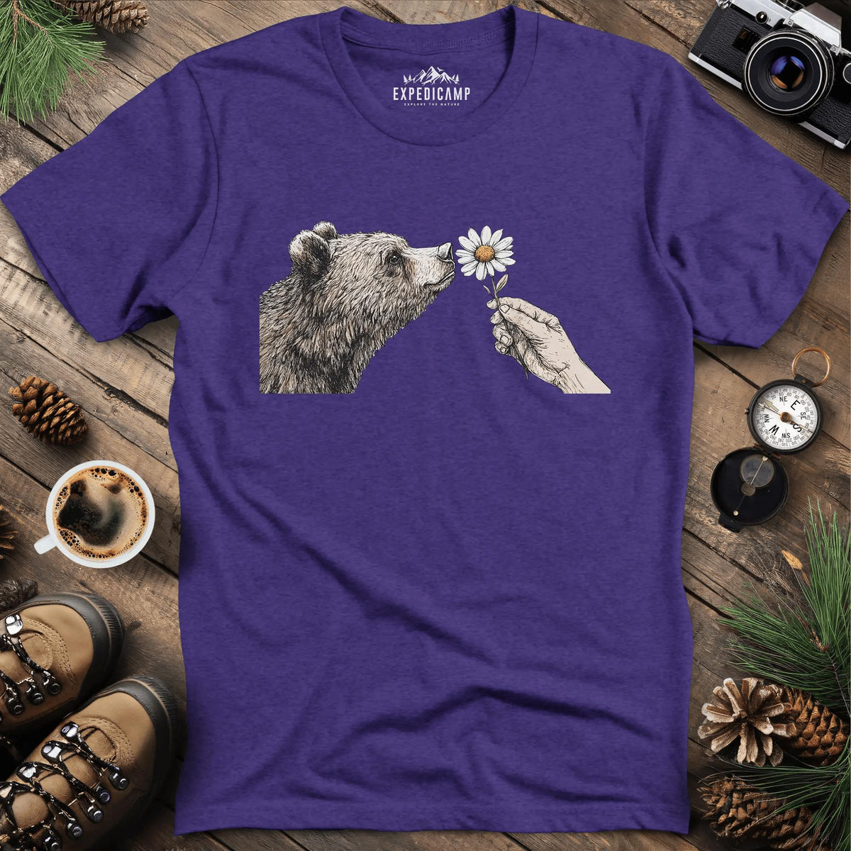 Bear and Daisy T-Shirt – Heather Purple – Outdoor apparel for travel, hiking, camping, and nature lovers – ExpediCamp