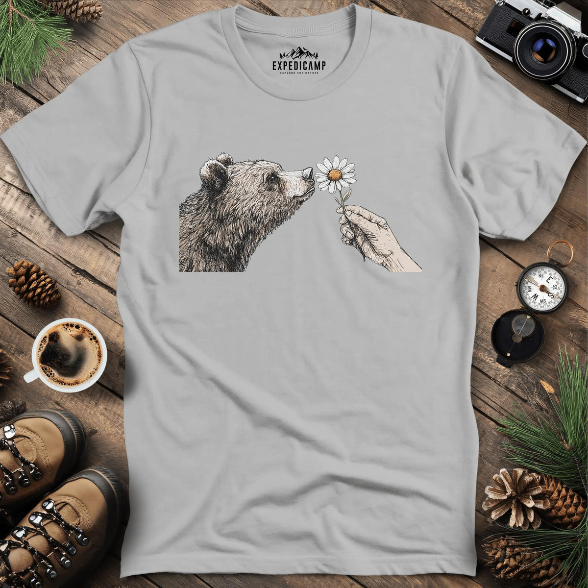 Bear and Daisy T-Shirt – Ice Grey – Outdoor apparel for travel, hiking, camping, and nature lovers – ExpediCamp
