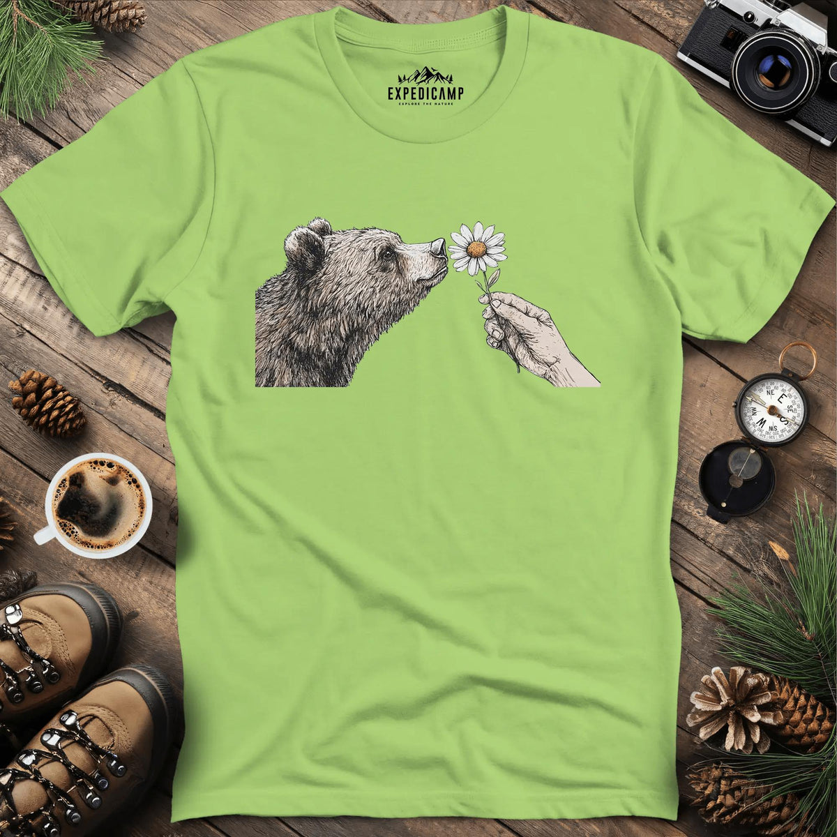 Bear and Daisy T-Shirt – Kiwi – Outdoor apparel for travel, hiking, camping, and nature lovers – ExpediCamp