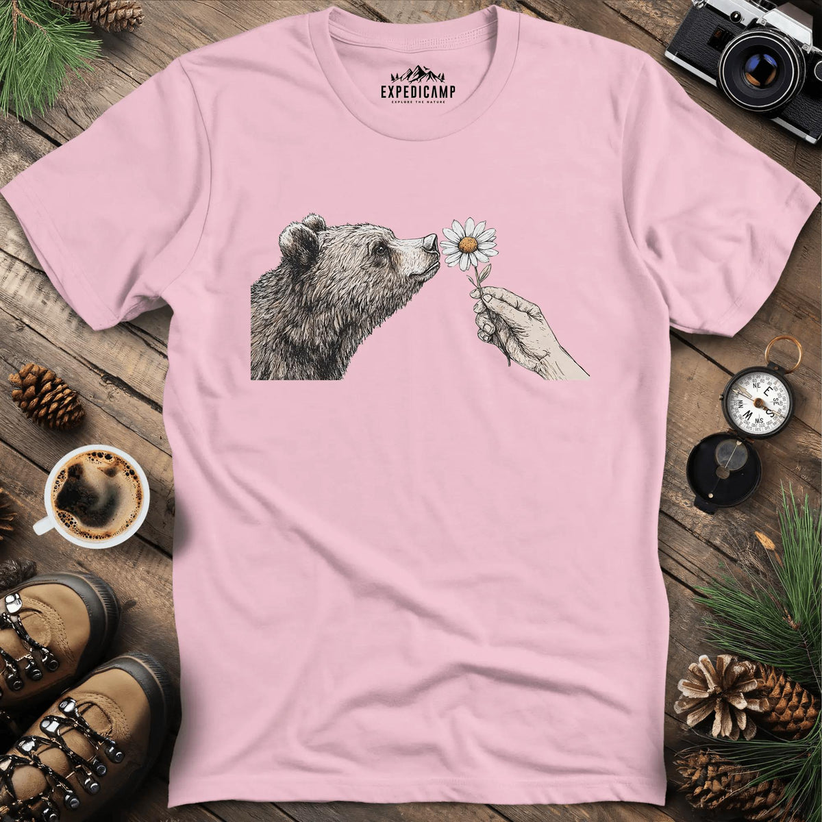 Bear and Daisy T-Shirt – Light Pink – Outdoor apparel for travel, hiking, camping, and nature lovers – ExpediCamp