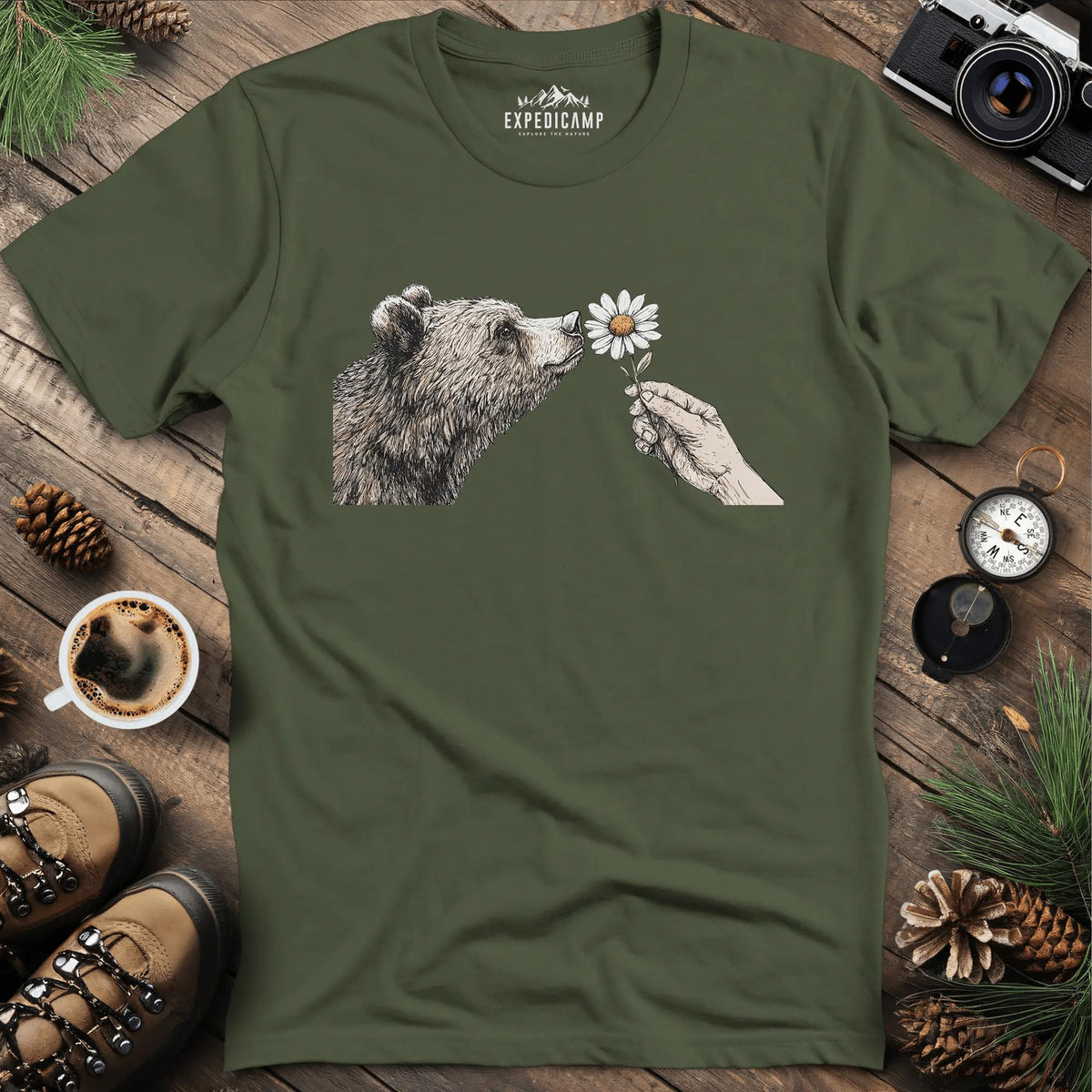 Bear and Daisy T-Shirt – Military Green – Outdoor apparel for travel, hiking, camping, and nature lovers – ExpediCamp