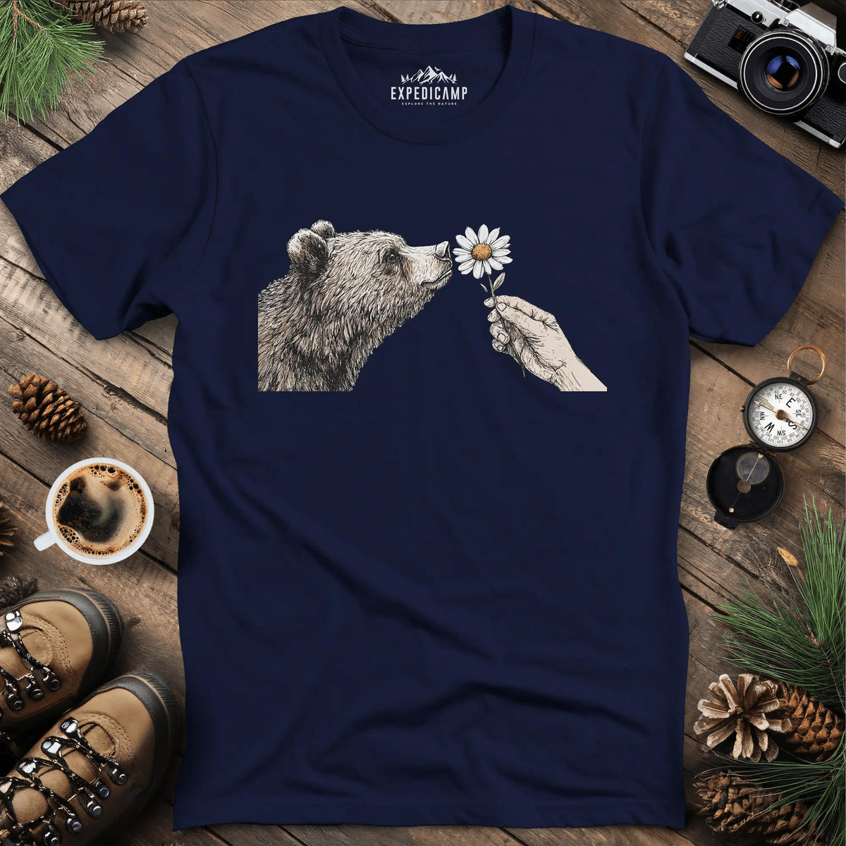 Bear and Daisy T-Shirt – Navy – Outdoor apparel for travel, hiking, camping, and nature lovers – ExpediCamp