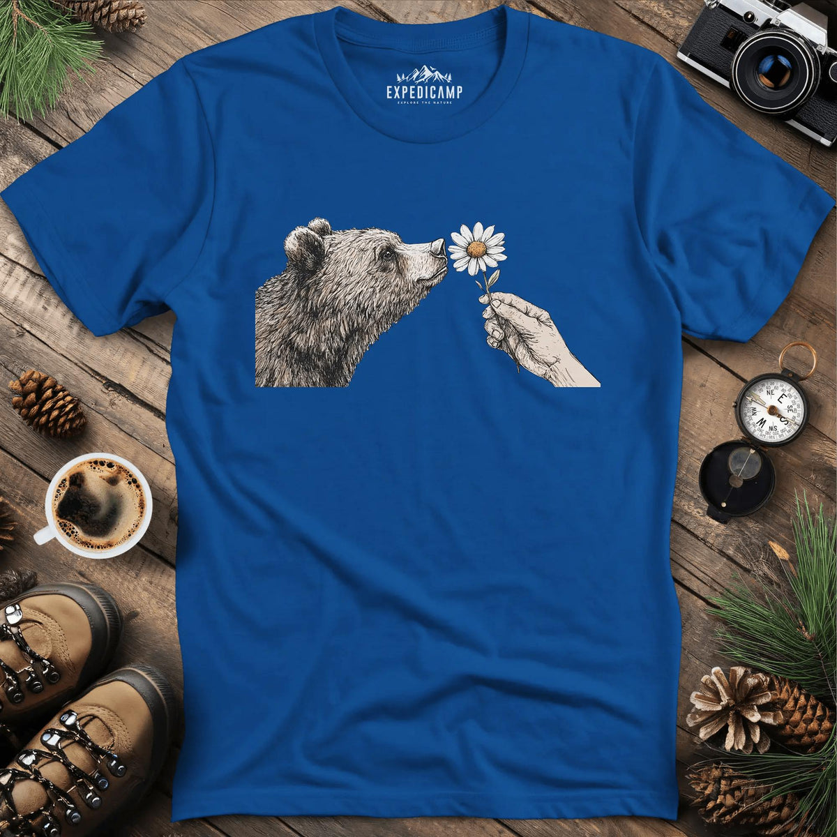 Bear and Daisy T-Shirt – Royal – Outdoor apparel for travel, hiking, camping, and nature lovers – ExpediCamp