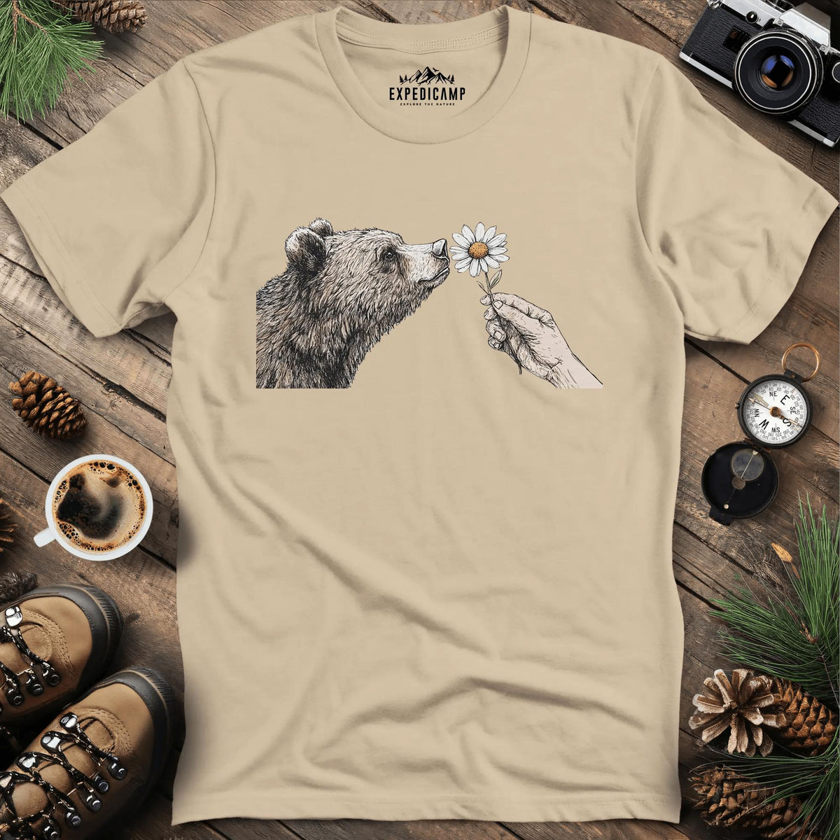 Bear and Daisy T-Shirt – Sand – Outdoor apparel for travel, hiking, camping, and nature lovers – ExpediCamp