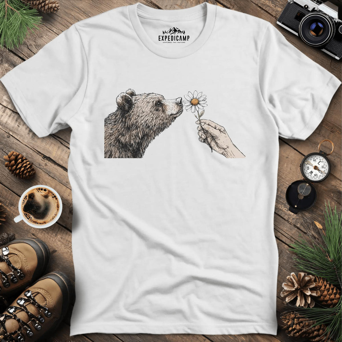 Bear and Daisy T-Shirt – White – Outdoor apparel for travel, hiking, camping, and nature lovers – ExpediCamp