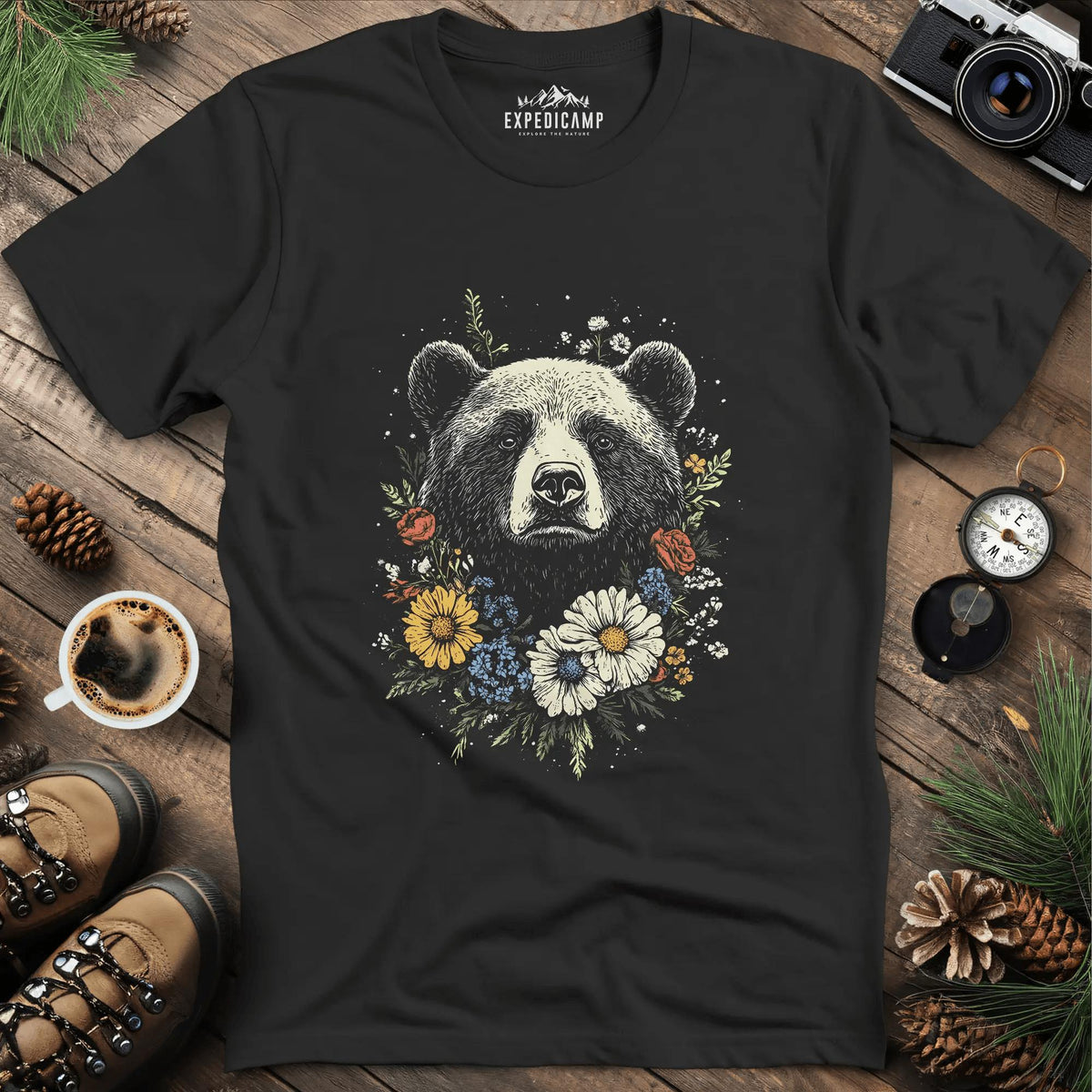 Bear and Flowers T-Shirt Majestic Wildlife Art – Black – Outdoor apparel for travel, hiking, camping, and nature lovers – ExpediCamp