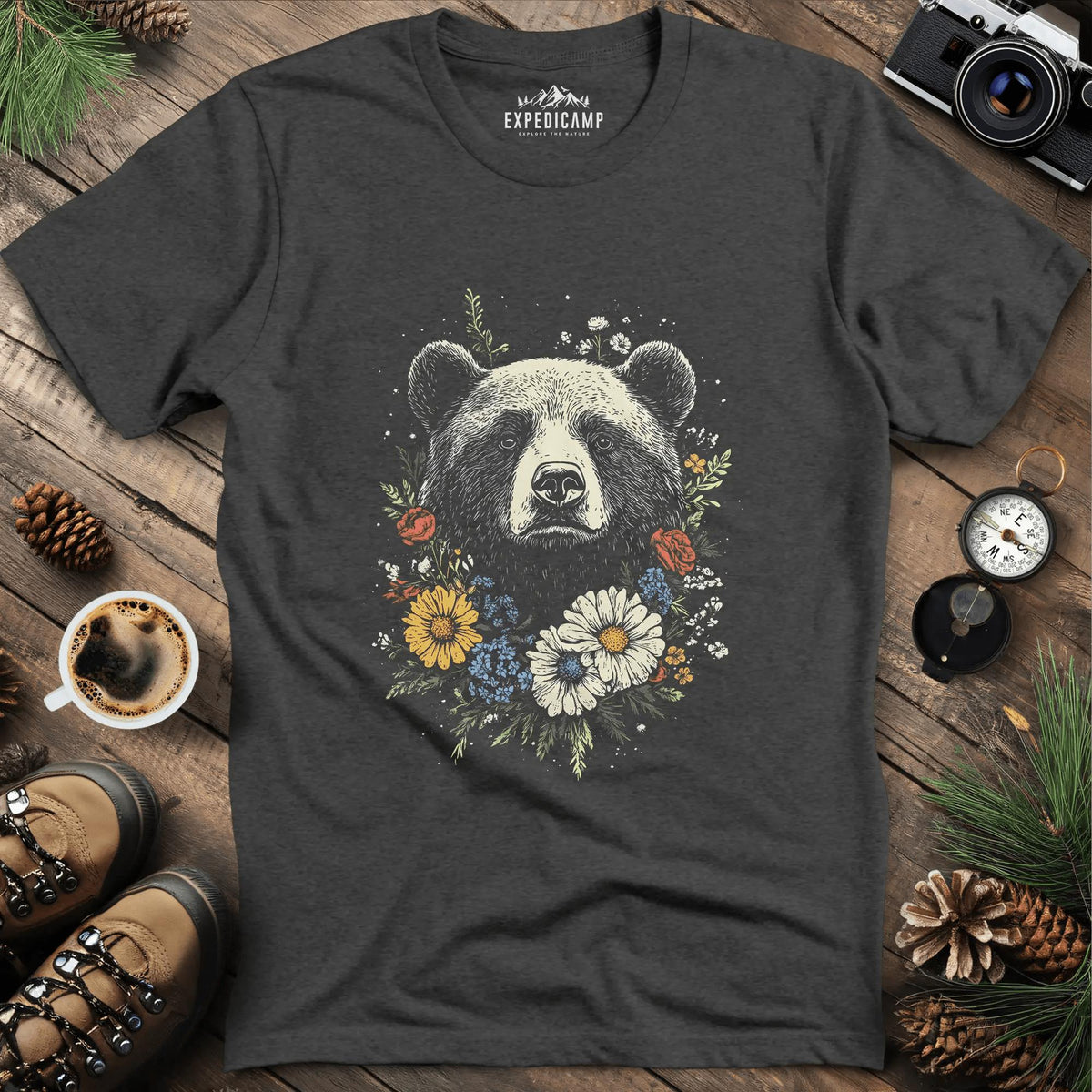 Bear and Flowers T-Shirt Majestic Wildlife Art – Dark Heather – Outdoor apparel for travel, hiking, camping, and nature lovers – ExpediCamp