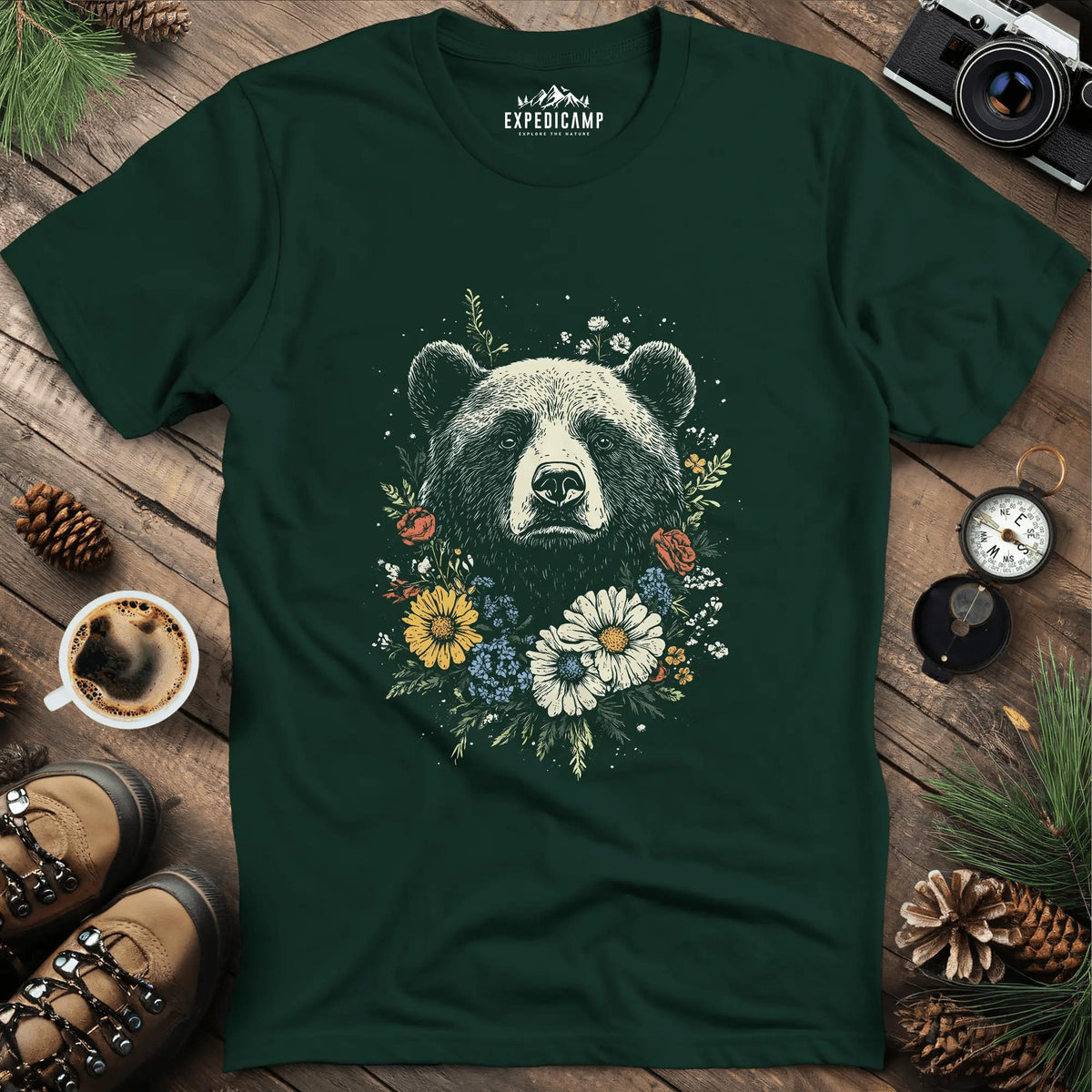 Bear and Flowers T-Shirt Majestic Wildlife Art – Forest Green – Outdoor apparel for travel, hiking, camping, and nature lovers – ExpediCamp