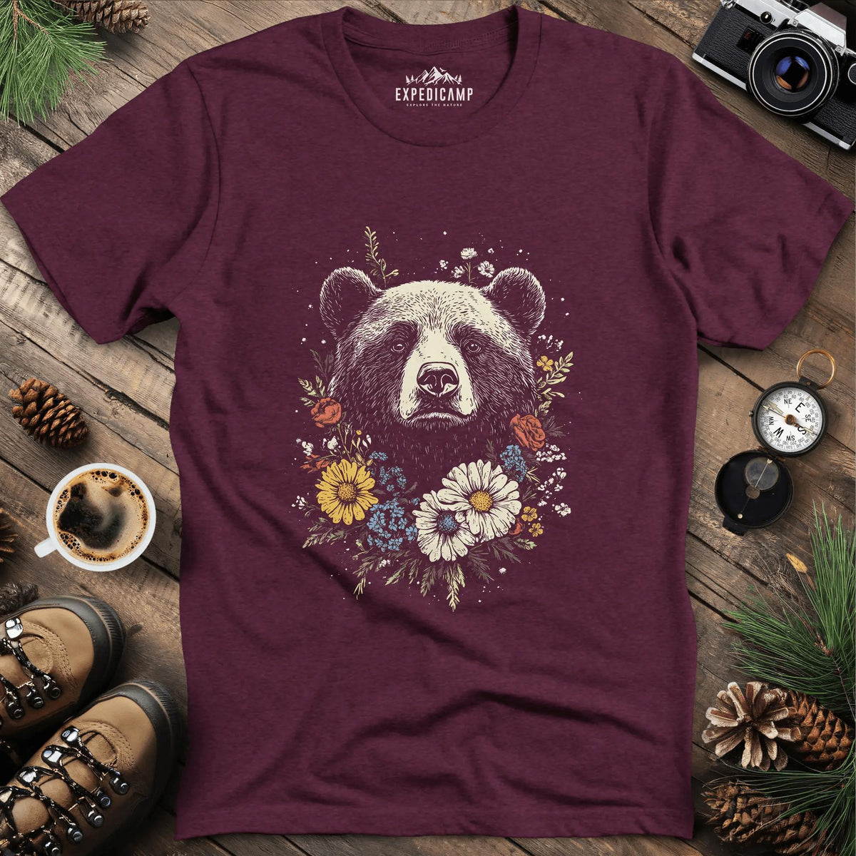 Bear and Flowers T-Shirt Majestic Wildlife Art – Heather Maroon – Outdoor apparel for travel, hiking, camping, and nature lovers – ExpediCamp