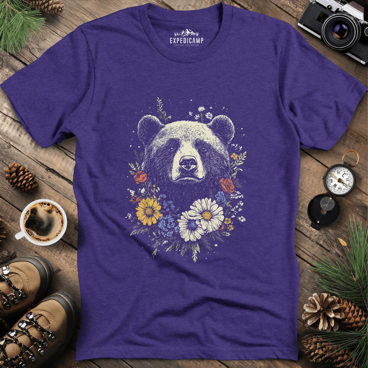 Bear and Flowers T-Shirt Majestic Wildlife Art – Heather Purple – Outdoor apparel for travel, hiking, camping, and nature lovers – ExpediCamp