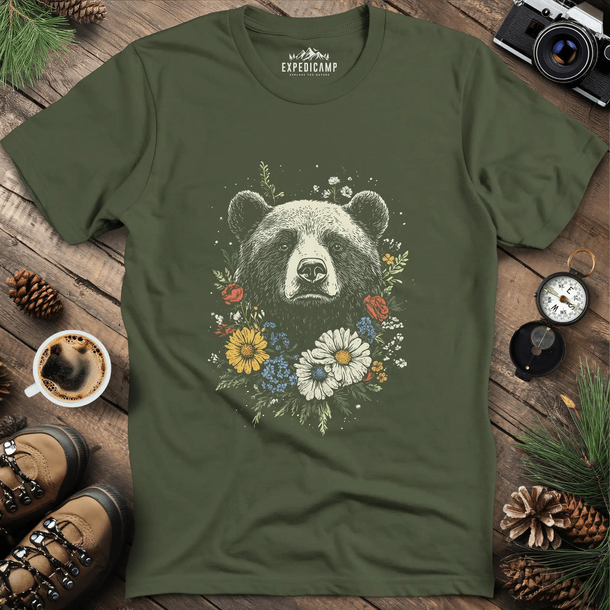 Bear and Flowers T-Shirt Majestic Wildlife Art – Military Green – Outdoor apparel for travel, hiking, camping, and nature lovers – ExpediCamp