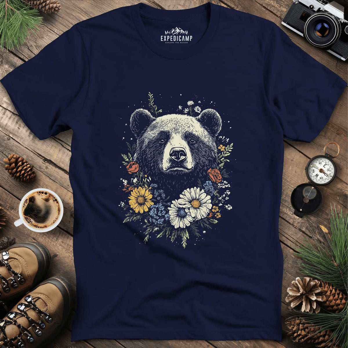 Bear and Flowers T-Shirt Majestic Wildlife Art – Navy – Outdoor apparel for travel, hiking, camping, and nature lovers – ExpediCamp