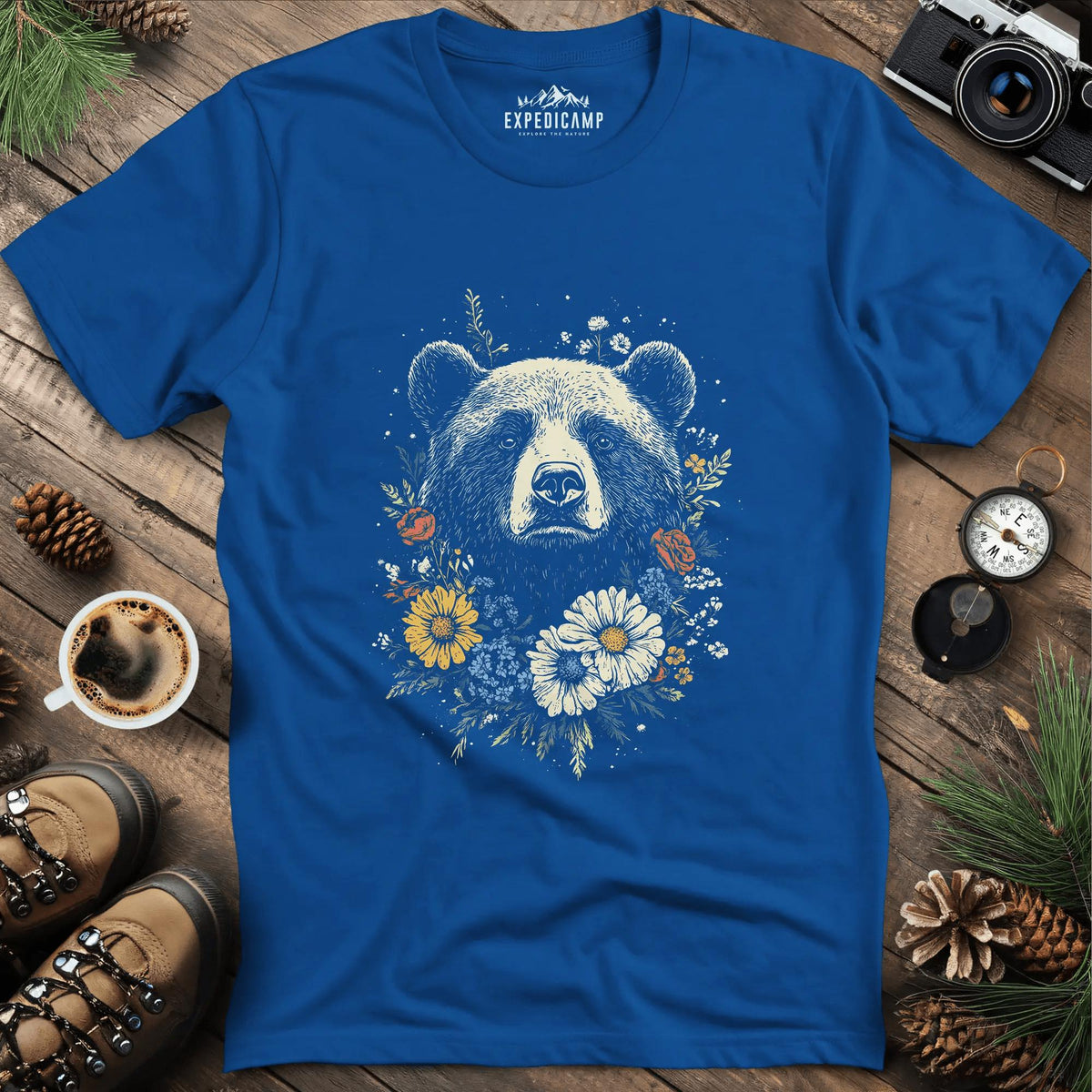 Bear and Flowers T-Shirt Majestic Wildlife Art – Royal – Outdoor apparel for travel, hiking, camping, and nature lovers – ExpediCamp