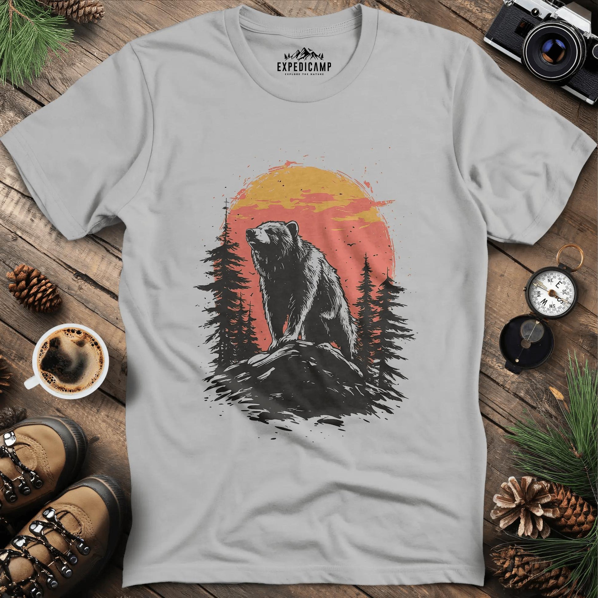 Bear at Sunset T-Shirt for Nature Enthusiasts – Ice Grey – Outdoor apparel for travel, hiking, camping, and nature lovers – ExpediCamp