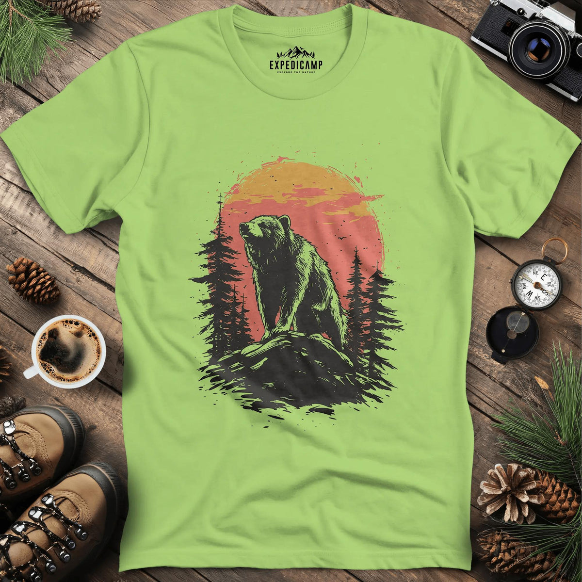 Bear at Sunset T-Shirt for Nature Enthusiasts – Kiwi – Outdoor apparel for travel, hiking, camping, and nature lovers – ExpediCamp