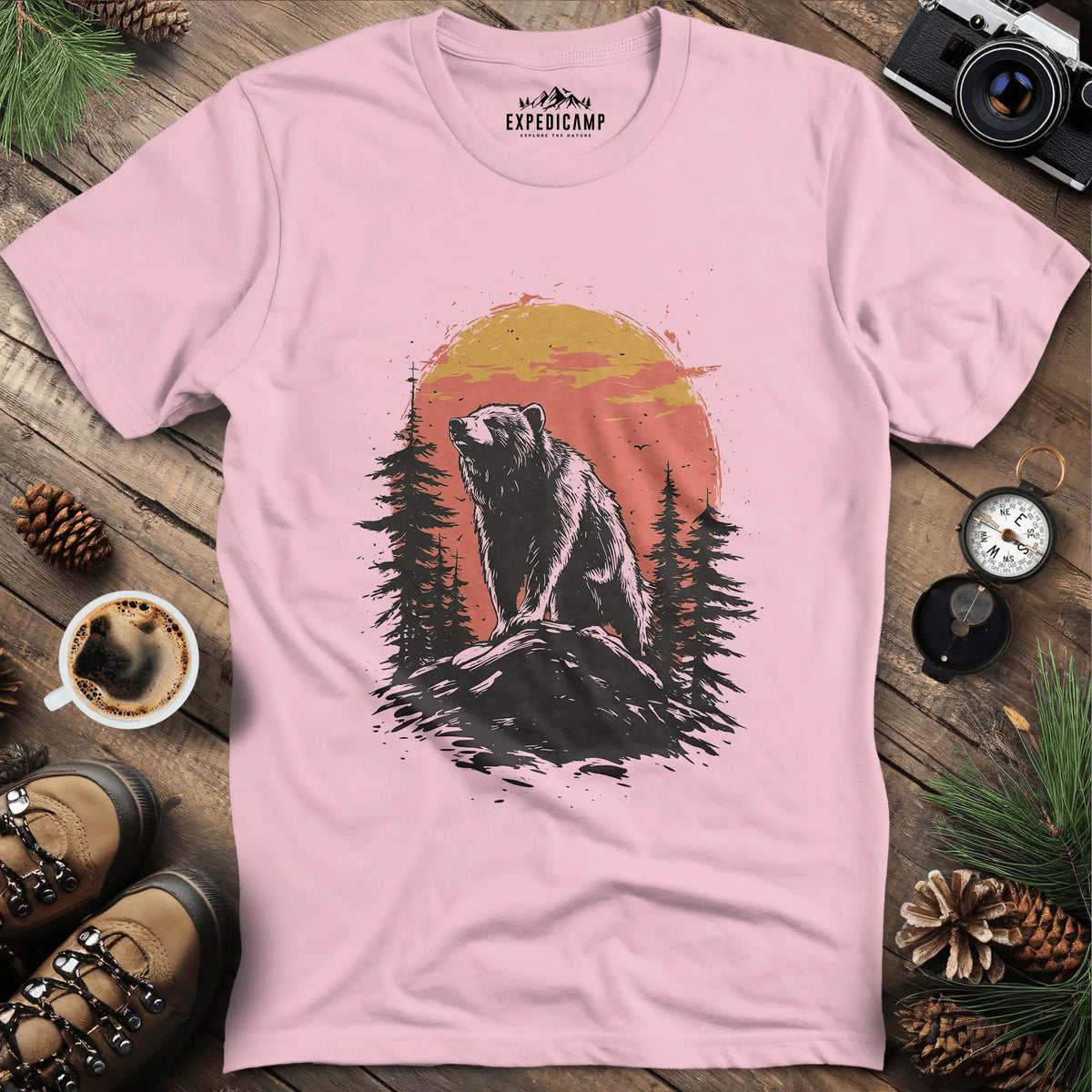 Bear at Sunset T-Shirt for Nature Enthusiasts – Light Pink – Outdoor apparel for travel, hiking, camping, and nature lovers – ExpediCamp