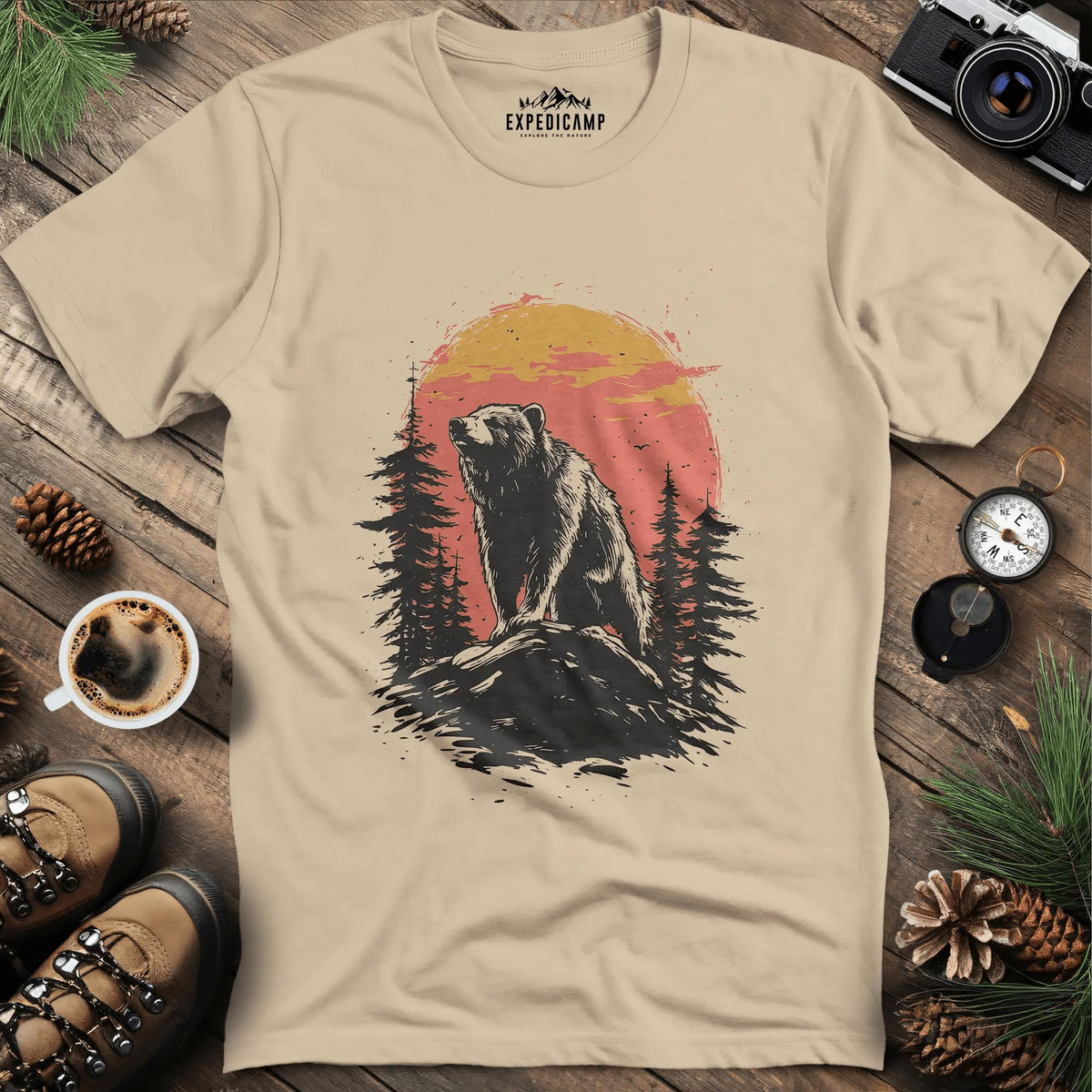 Bear at Sunset T-Shirt for Nature Enthusiasts – Sand – Outdoor apparel for travel, hiking, camping, and nature lovers – ExpediCamp