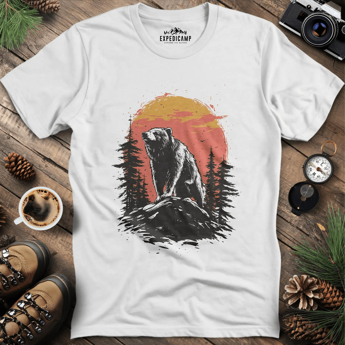 Bear at Sunset T-Shirt for Nature Enthusiasts – White – Outdoor apparel for travel, hiking, camping, and nature lovers – ExpediCamp