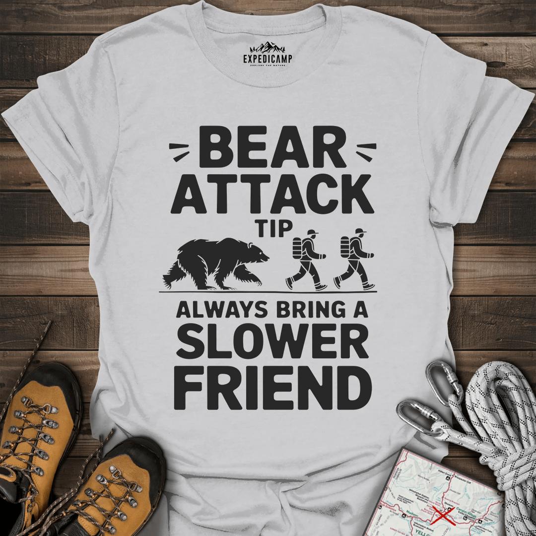 Bear Attack Tip Always Bring Slower Friend T-Shirt – Ice Grey – Outdoor apparel for travel, hiking, camping, and nature lovers – ExpediCamp