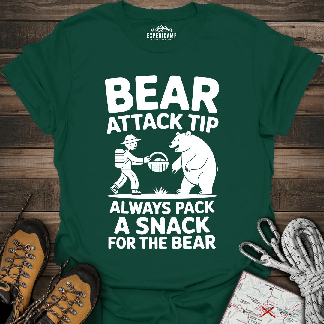 Bear Attack Tip Always Pack A Snack T-Shirt – Forest Green – Outdoor apparel for travel, hiking, camping, and nature lovers – ExpediCamp