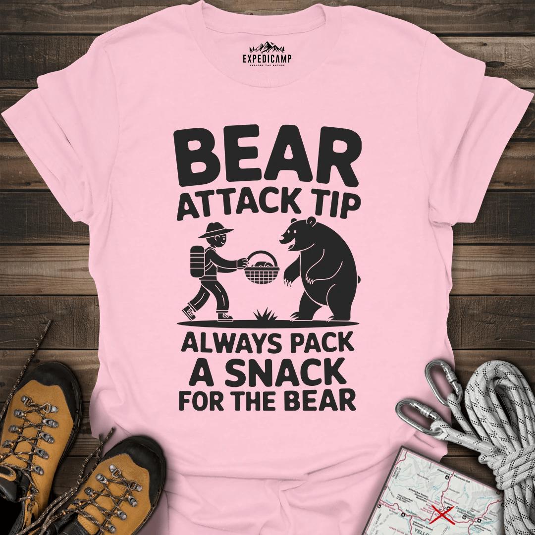 Bear Attack Tip Always Pack A Snack T-Shirt – Light Pink – Outdoor apparel for travel, hiking, camping, and nature lovers – ExpediCamp