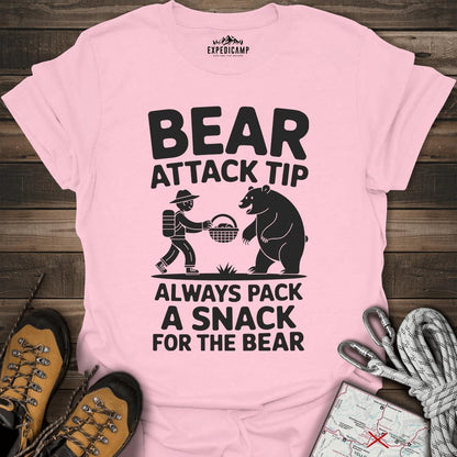 Bear Attack Tip Always Pack A Snack T-Shirt – Light Pink – Outdoor apparel for travel, hiking, camping, and nature lovers – ExpediCamp