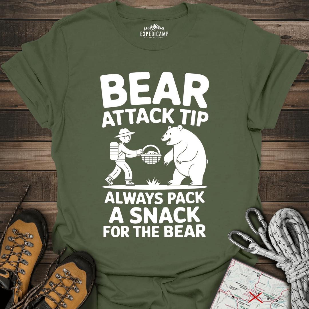 Bear Attack Tip Always Pack A Snack T-Shirt – Military Green – Outdoor apparel for travel, hiking, camping, and nature lovers – ExpediCamp