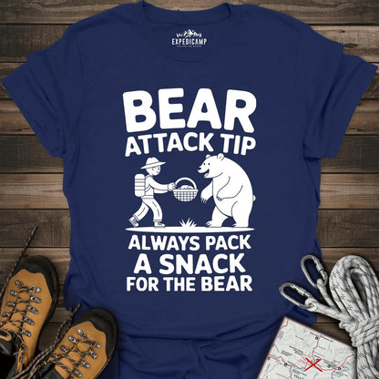 Bear Attack Tip Always Pack A Snack T-Shirt – Navy – Outdoor apparel for travel, hiking, camping, and nature lovers – ExpediCamp