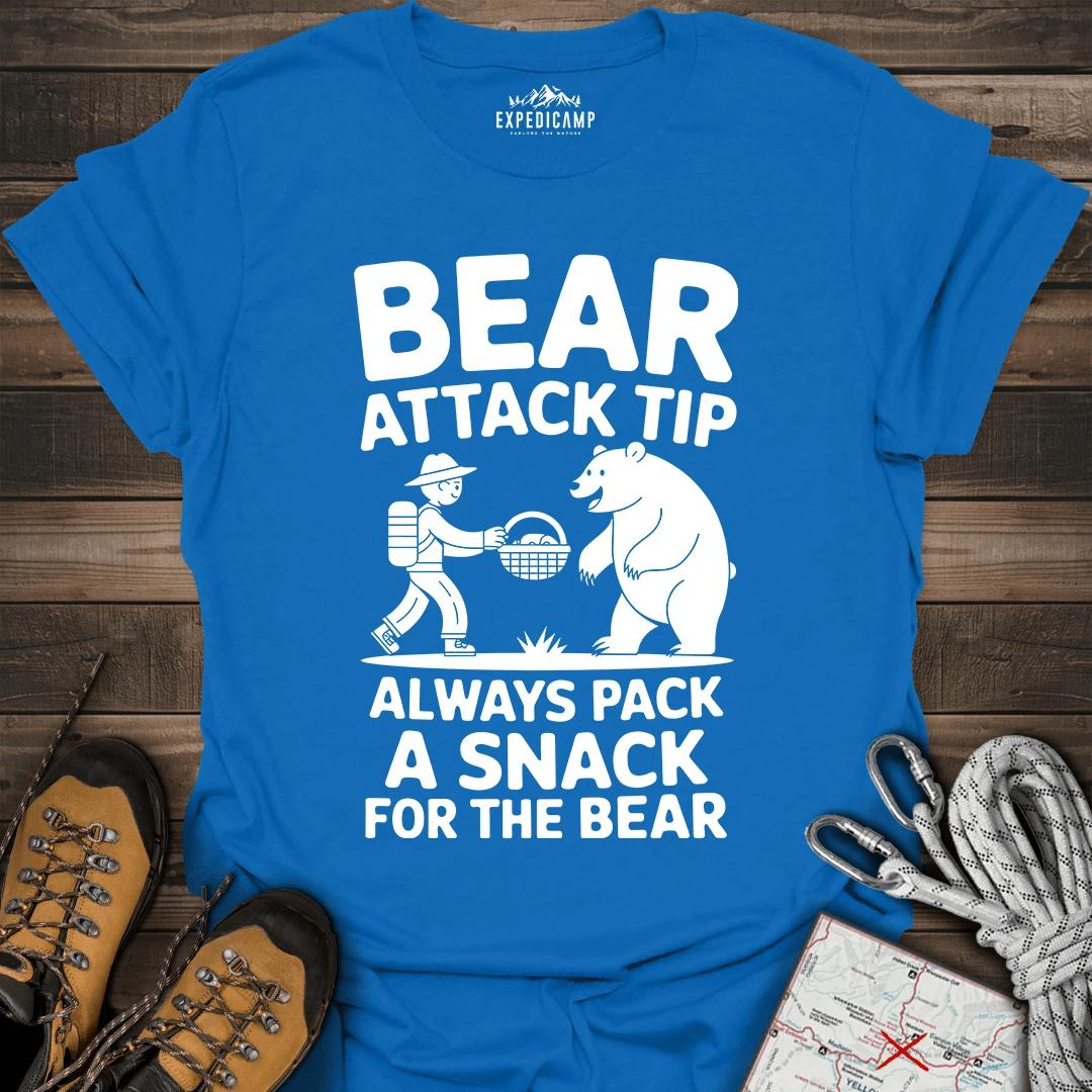 Bear Attack Tip Always Pack A Snack T-Shirt – Royal – Outdoor apparel for travel, hiking, camping, and nature lovers – ExpediCamp