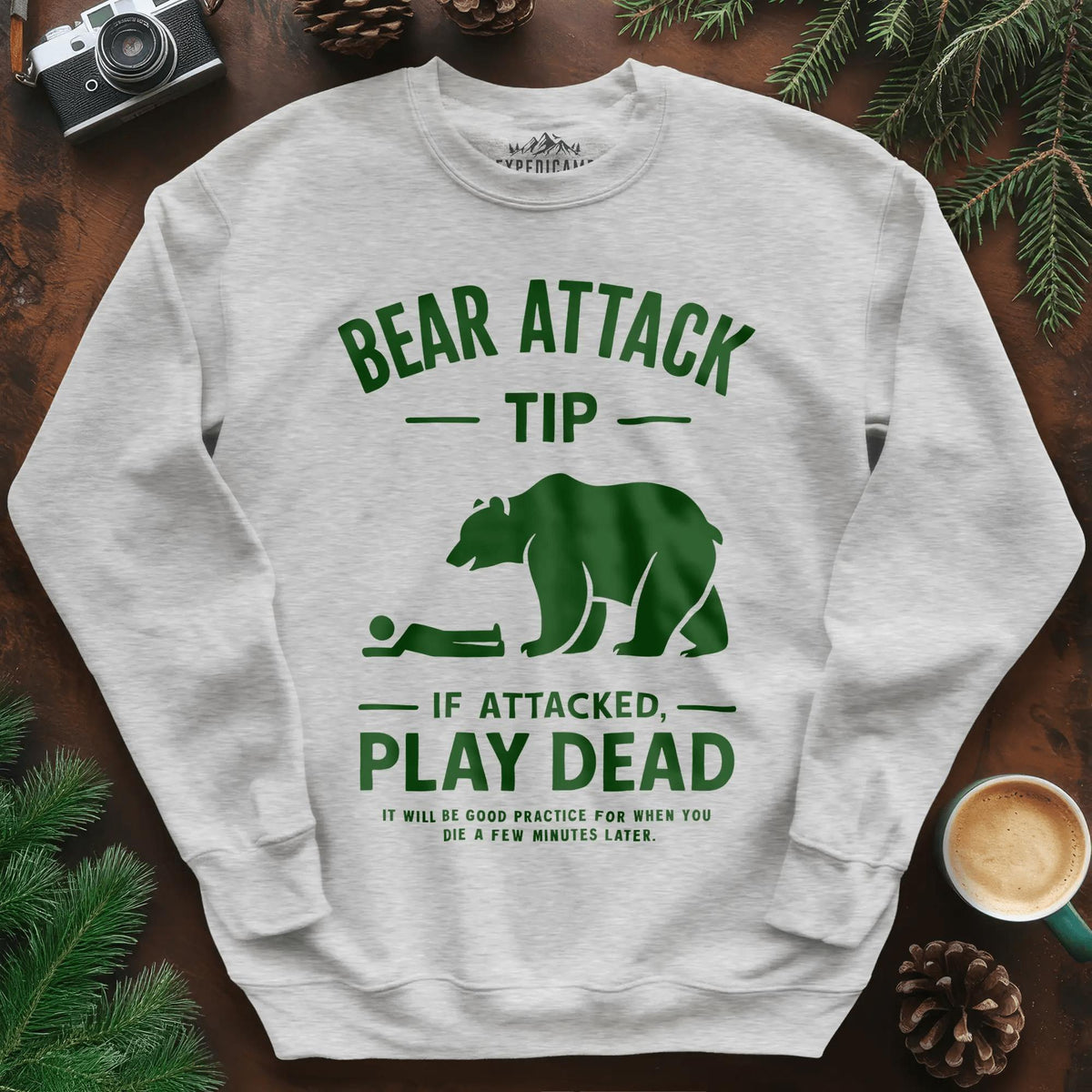 Bear Attack Tip Sweatshirt – Funny Wilderness Survival Sweatshirt – Ash – Outdoor apparel for travel, hiking, camping, and nature lovers – ExpediCamp