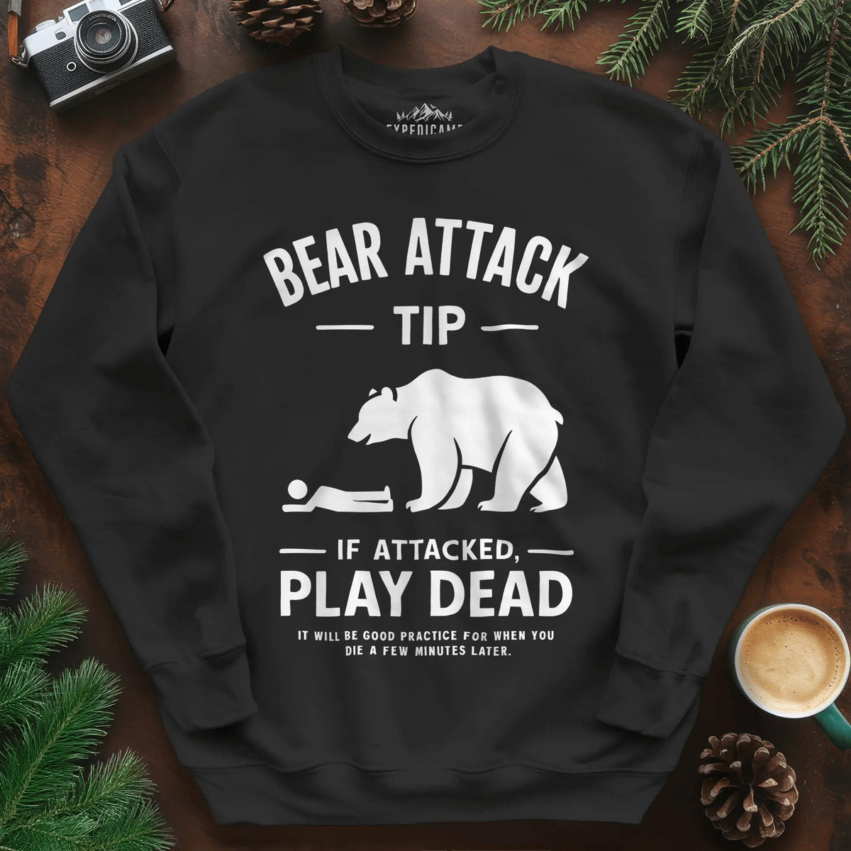 Bear Attack Tip Sweatshirt – Funny Wilderness Survival Sweatshirt – Black – Outdoor apparel for travel, hiking, camping, and nature lovers – ExpediCamp