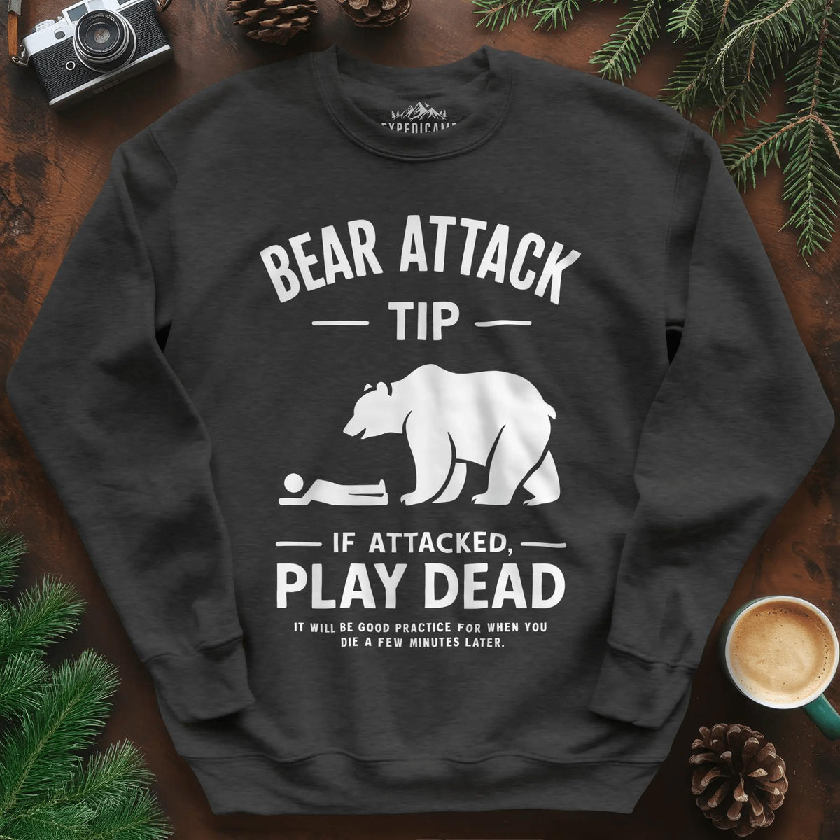 Bear Attack Tip Sweatshirt – Funny Wilderness Survival Sweatshirt – Dark Heather – Outdoor apparel for travel, hiking, camping, and nature lovers – ExpediCamp