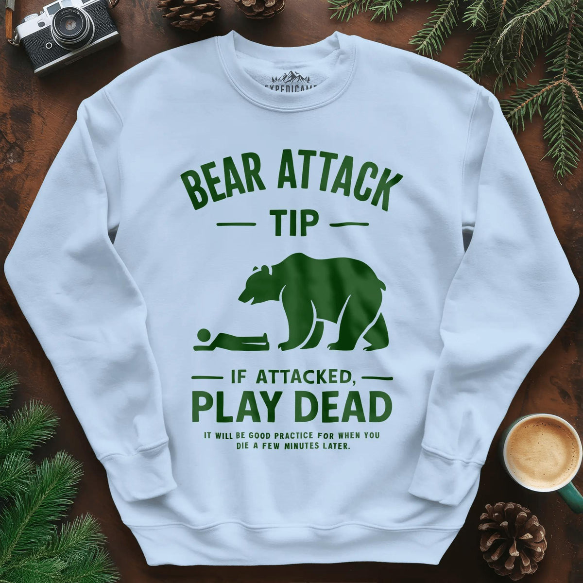 Bear Attack Tip Sweatshirt – Funny Wilderness Survival Sweatshirt – Light Blue – Outdoor apparel for travel, hiking, camping, and nature lovers – ExpediCamp