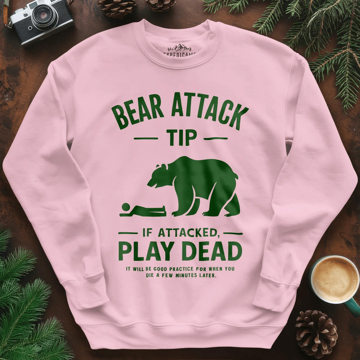 Bear Attack Tip Sweatshirt – Funny Wilderness Survival Sweatshirt – Light Pink – Outdoor apparel for travel, hiking, camping, and nature lovers – ExpediCamp