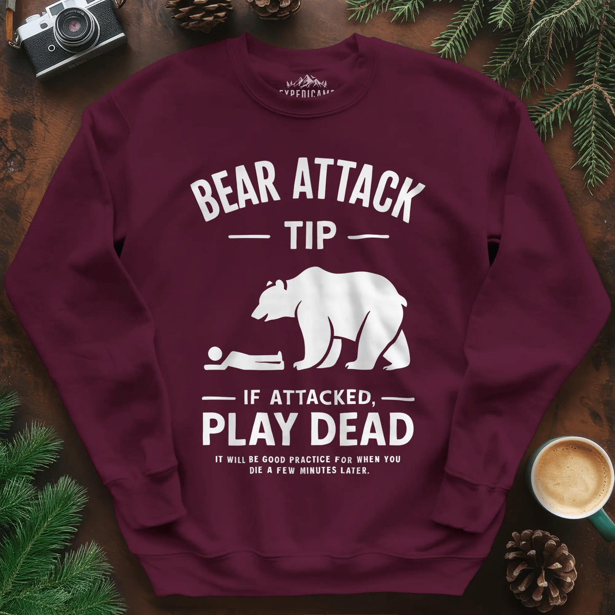 Bear Attack Tip Sweatshirt – Funny Wilderness Survival Sweatshirt – Maroon – Outdoor apparel for travel, hiking, camping, and nature lovers – ExpediCamp