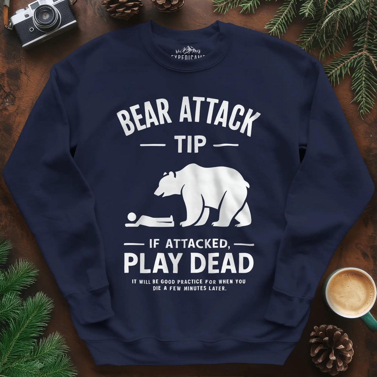Bear Attack Tip Sweatshirt – Funny Wilderness Survival Sweatshirt – Navy – Outdoor apparel for travel, hiking, camping, and nature lovers – ExpediCamp