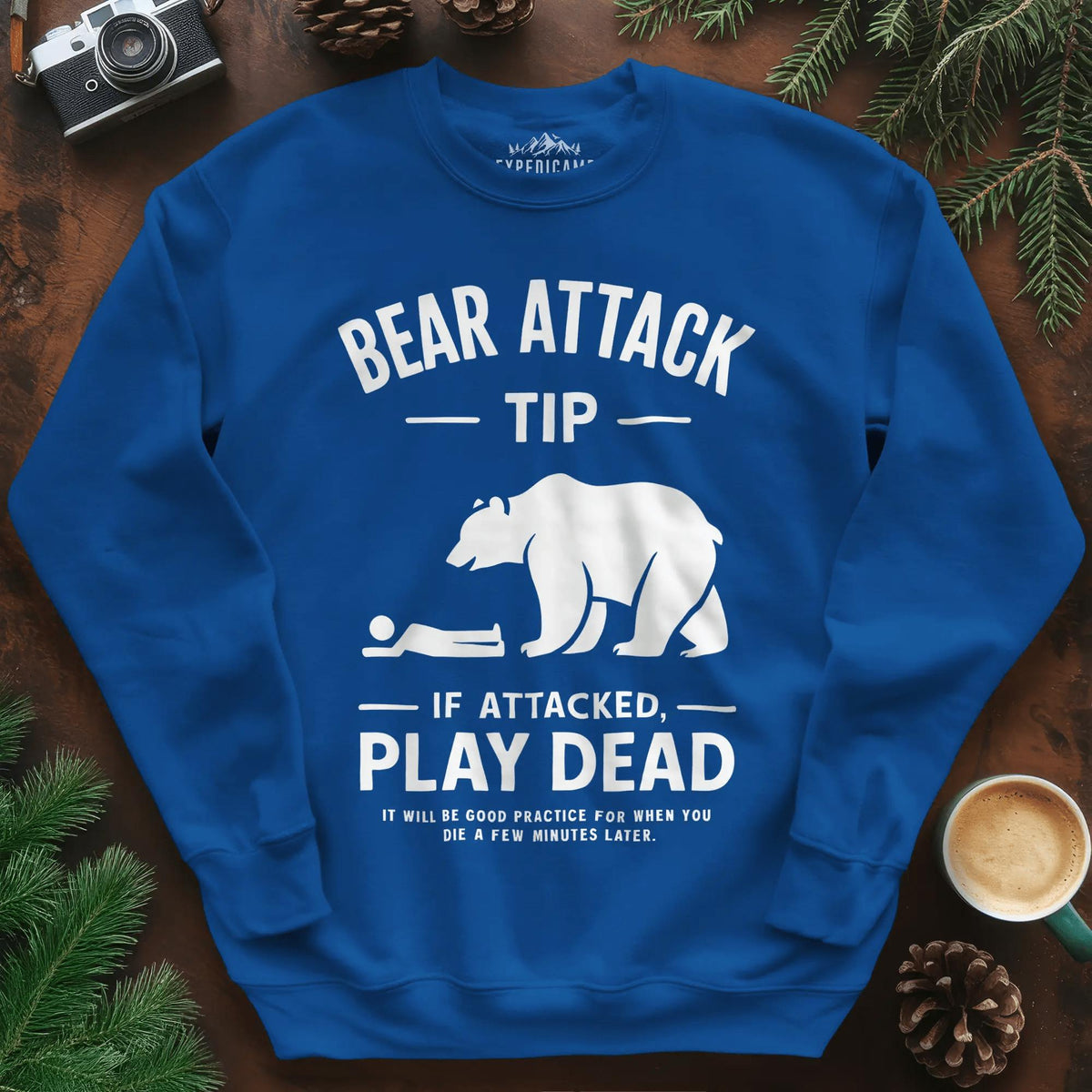 Bear Attack Tip Sweatshirt – Funny Wilderness Survival Sweatshirt – Royal – Outdoor apparel for travel, hiking, camping, and nature lovers – ExpediCamp