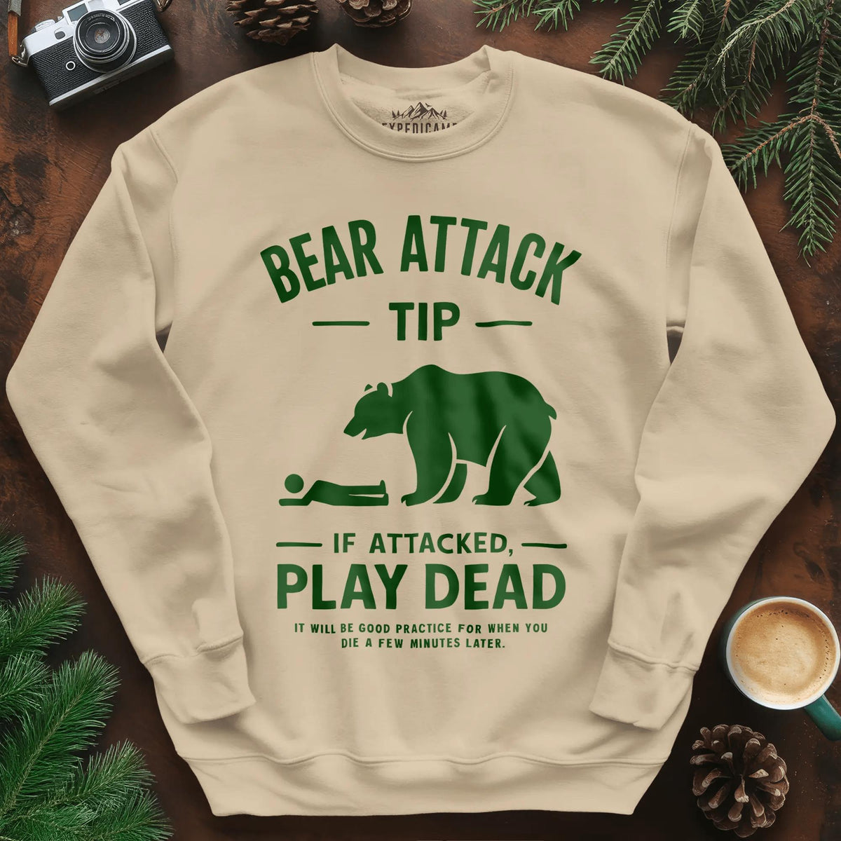 Bear Attack Tip Sweatshirt – Funny Wilderness Survival Sweatshirt – Sand – Outdoor apparel for travel, hiking, camping, and nature lovers – ExpediCamp