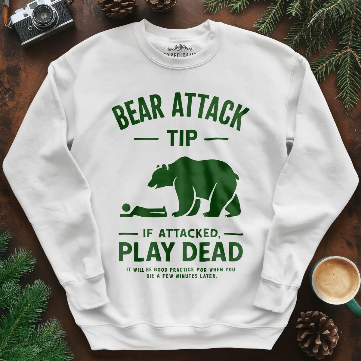 Bear Attack Tip Sweatshirt – Funny Wilderness Survival Sweatshirt – White – Outdoor apparel for travel, hiking, camping, and nature lovers – ExpediCamp