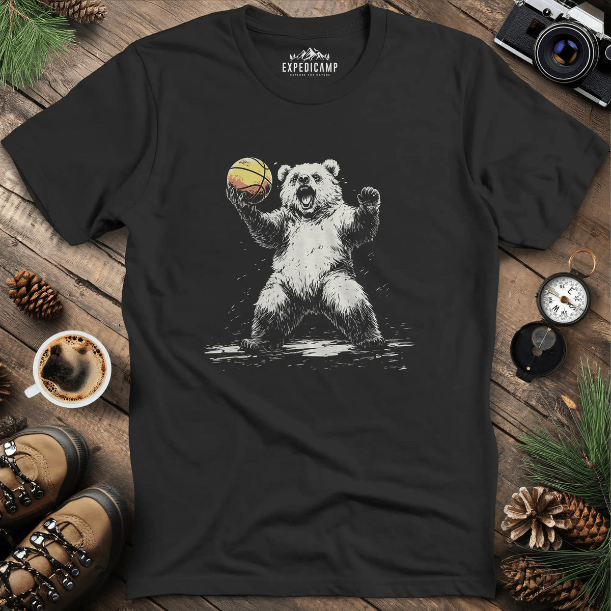 Bear Basketball T-Shirt – Black – Outdoor apparel for travel, hiking, camping, and nature lovers – ExpediCamp