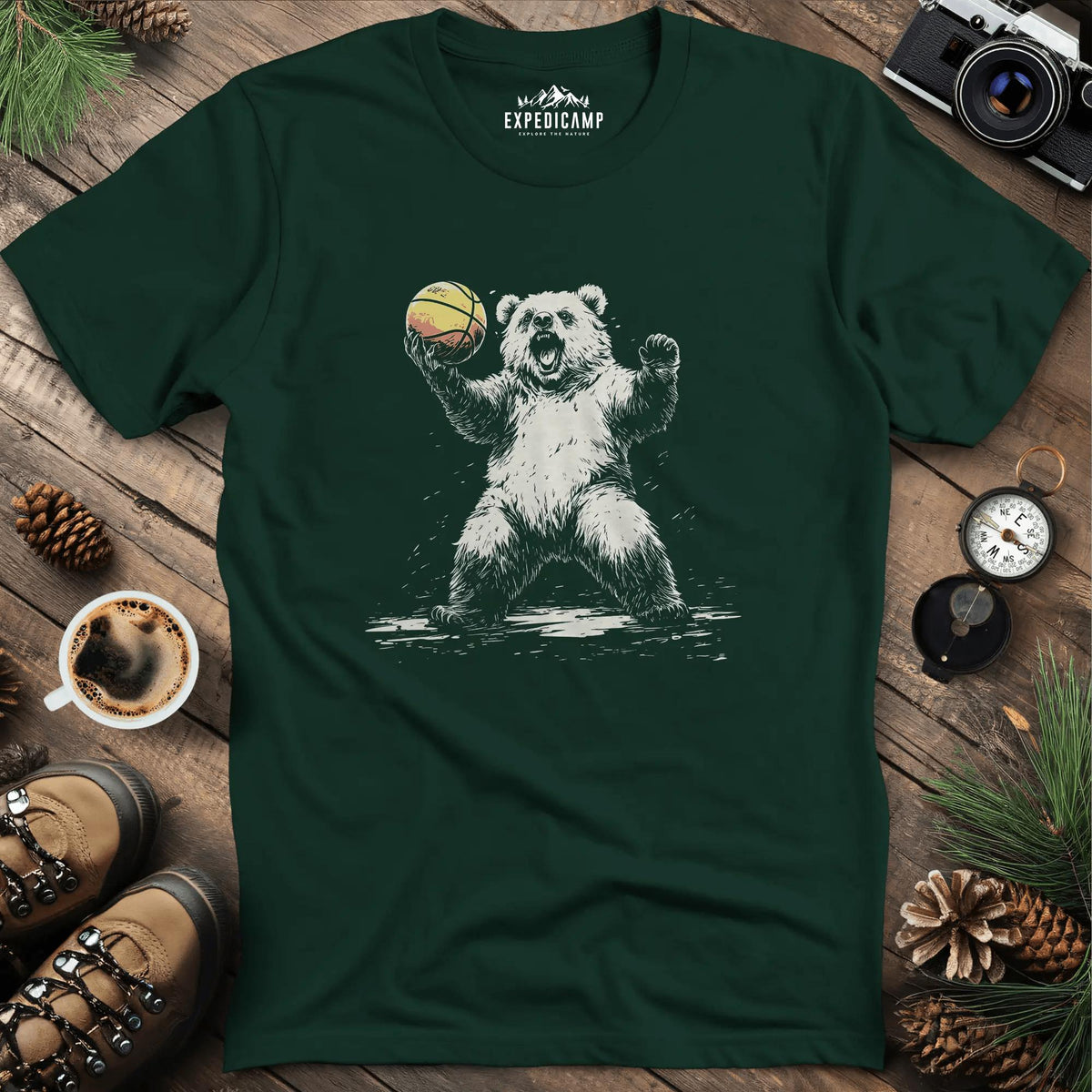 Bear Basketball T-Shirt – Forest Green – Outdoor apparel for travel, hiking, camping, and nature lovers – ExpediCamp