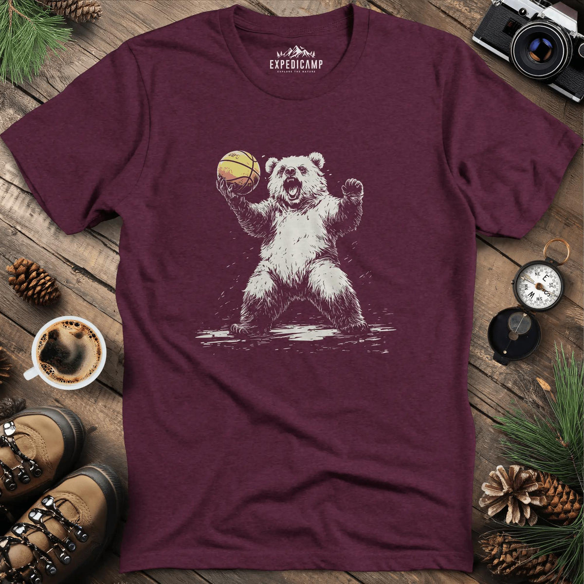 Bear Basketball T-Shirt – Heather Maroon – Outdoor apparel for travel, hiking, camping, and nature lovers – ExpediCamp