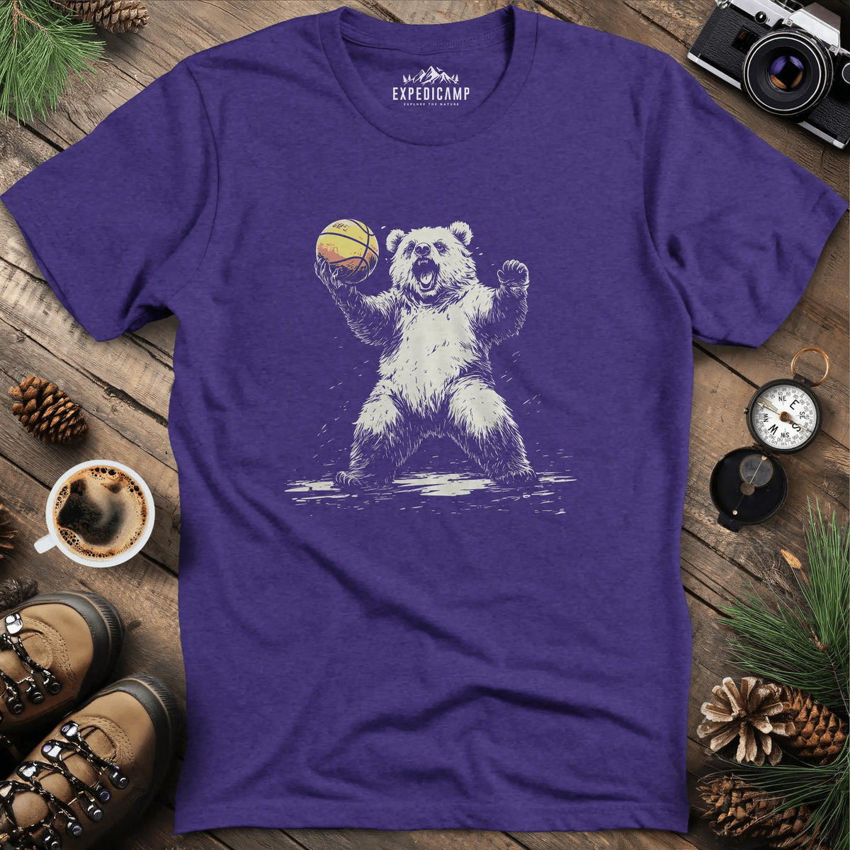 Bear Basketball T-Shirt – Heather Purple – Outdoor apparel for travel, hiking, camping, and nature lovers – ExpediCamp