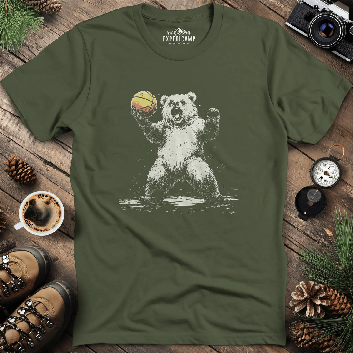 Bear Basketball T-Shirt – Military Green – Outdoor apparel for travel, hiking, camping, and nature lovers – ExpediCamp