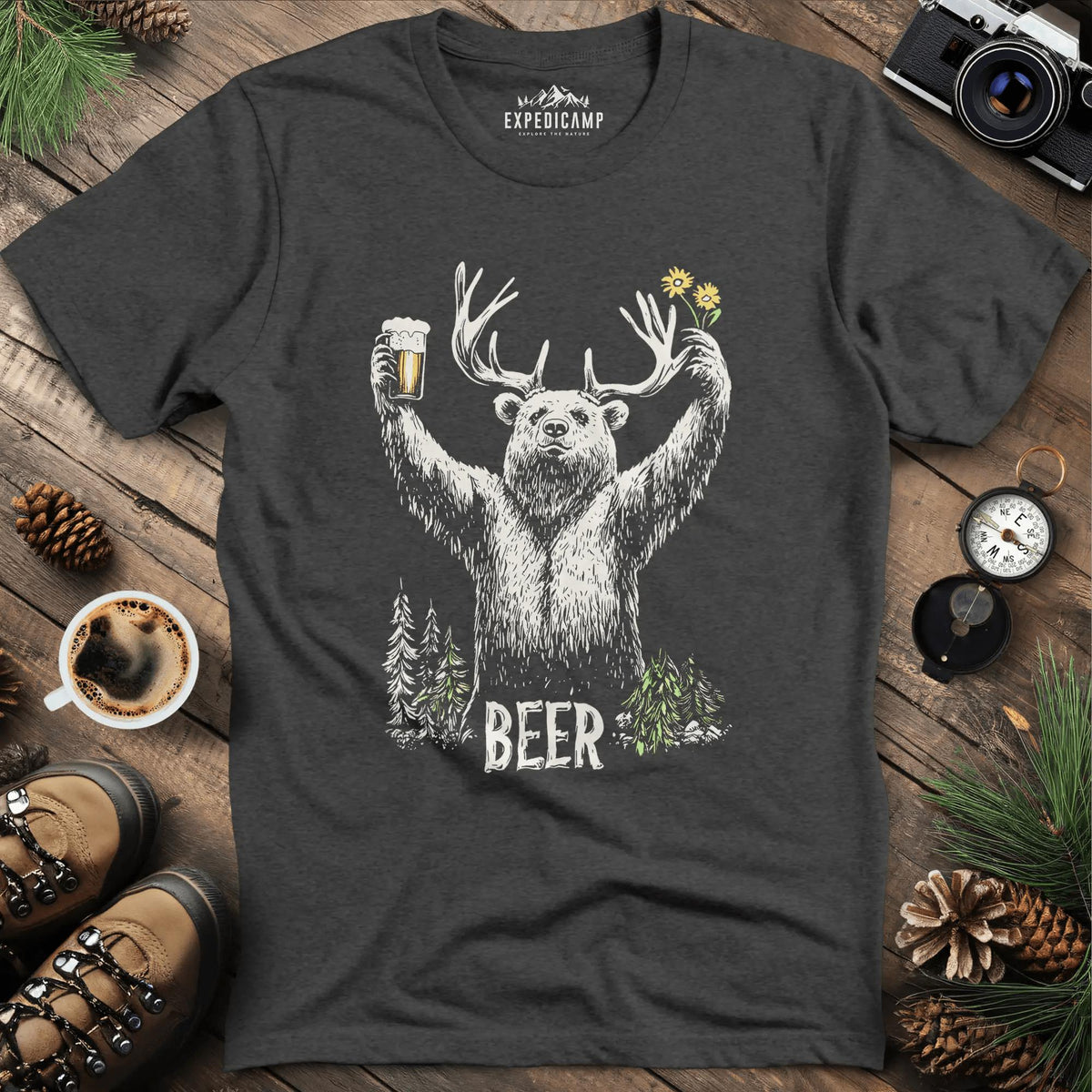Bear Beer T-Shirt - Fun Outdoor Design – Dark Heather – Outdoor apparel for travel, hiking, camping, and nature lovers – ExpediCamp