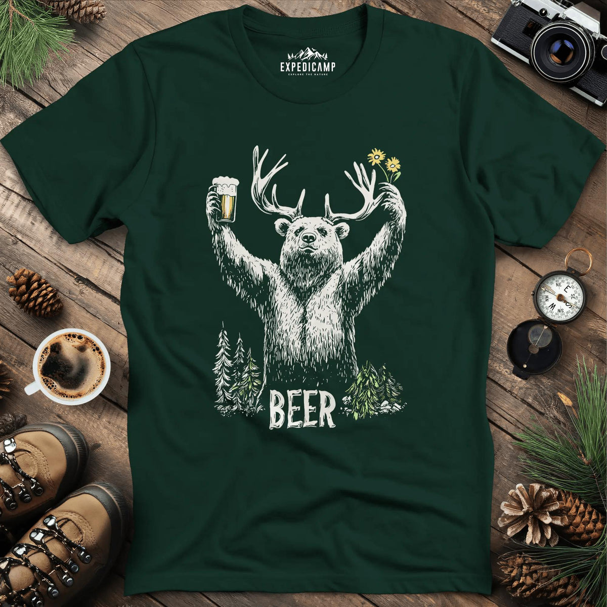 Bear Beer T-Shirt - Fun Outdoor Design – Forest Green – Outdoor apparel for travel, hiking, camping, and nature lovers – ExpediCamp