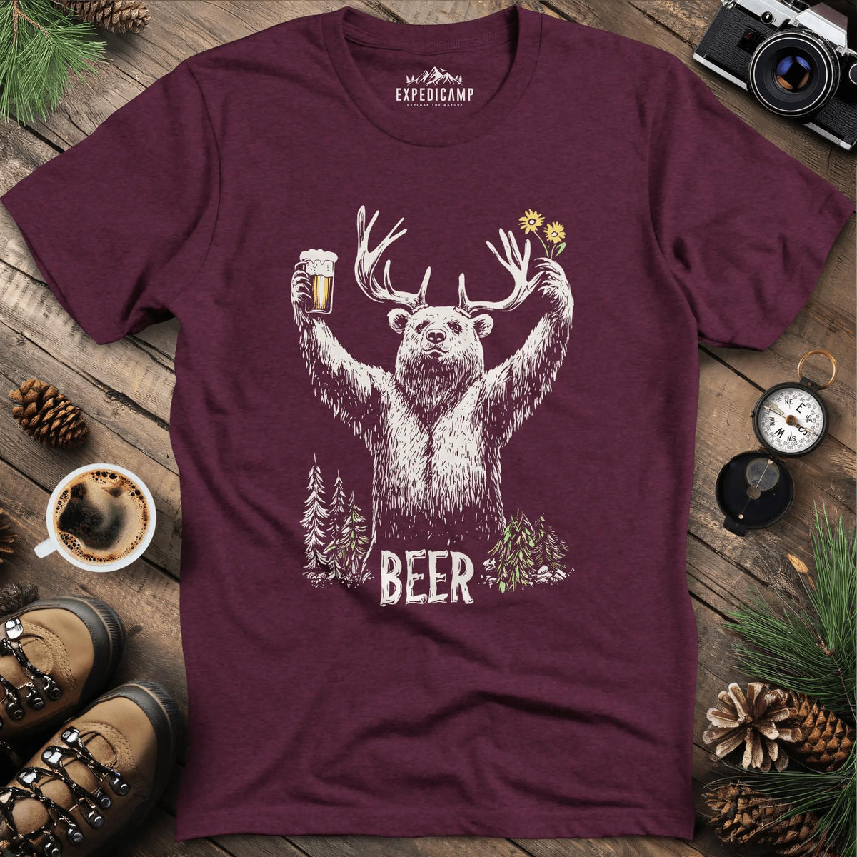 Bear Beer T-Shirt - Fun Outdoor Design – Heather Maroon – Outdoor apparel for travel, hiking, camping, and nature lovers – ExpediCamp