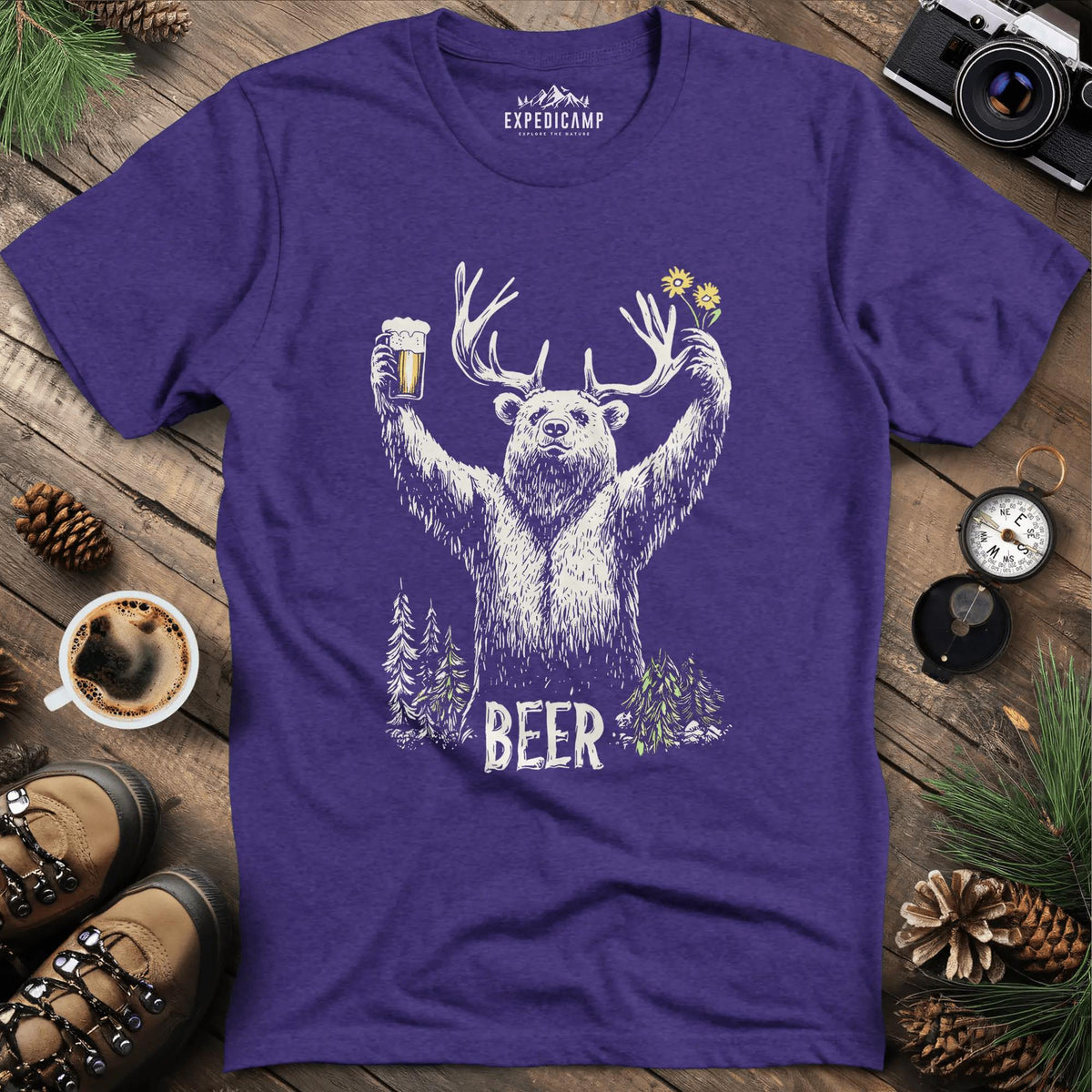 Bear Beer T-Shirt - Fun Outdoor Design – Heather Purple – Outdoor apparel for travel, hiking, camping, and nature lovers – ExpediCamp